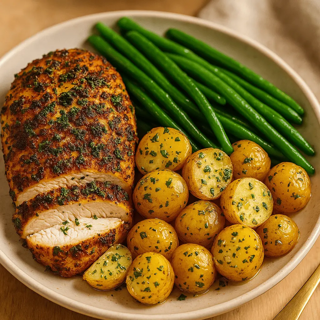 Next-Level Herb-Crusted Chicken with Garlic Potatoes & Green Beans