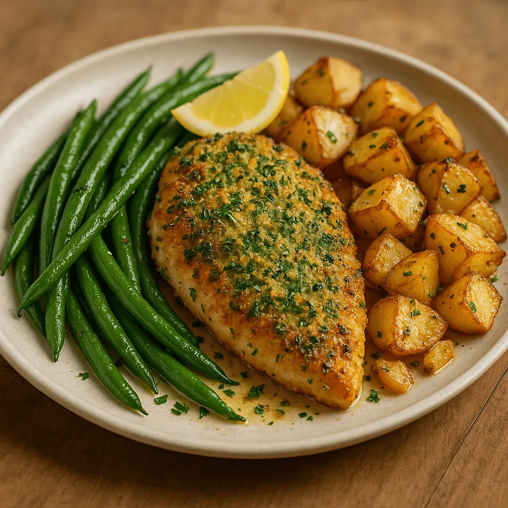 Fresh ingredients for herb-crusted chicken including chicken breasts, herbs, garlic, and vegetables