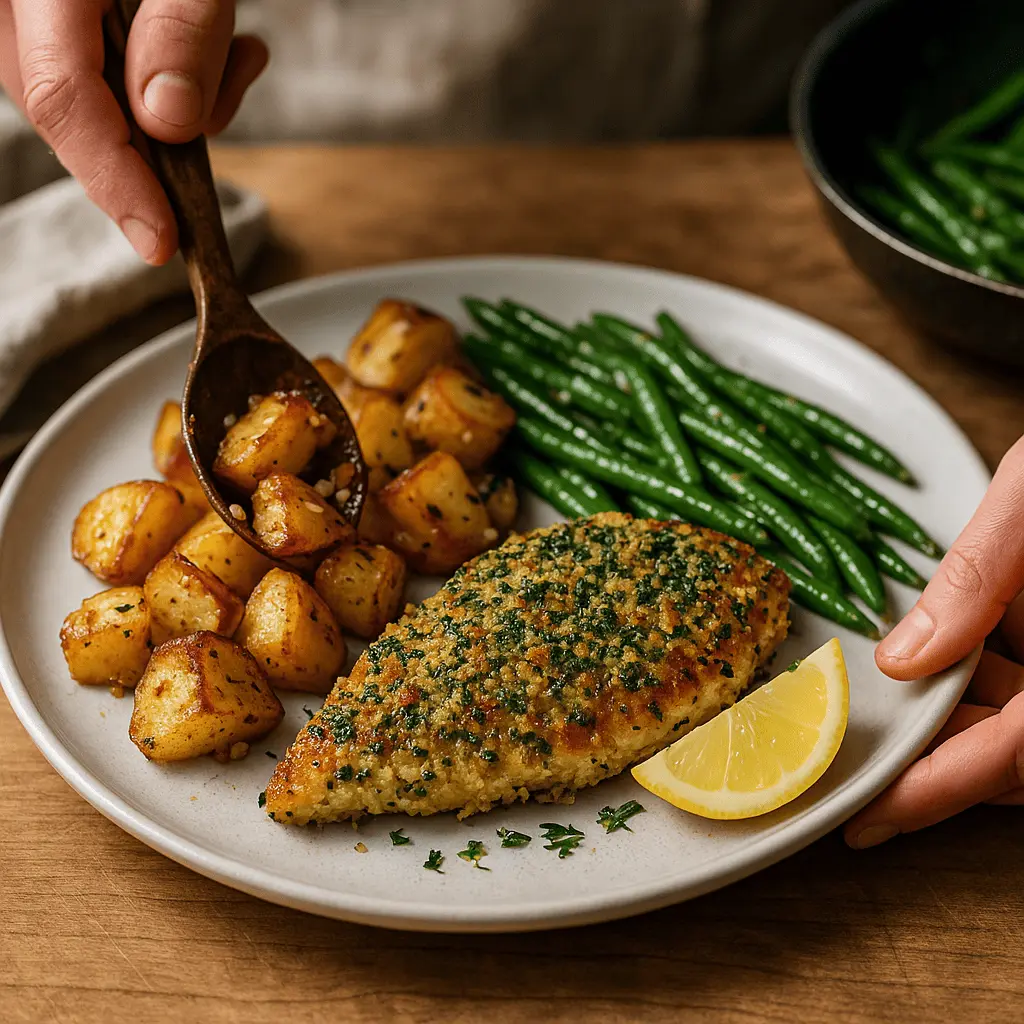 Herb-crusted chicken and vegetables roasting in the oven