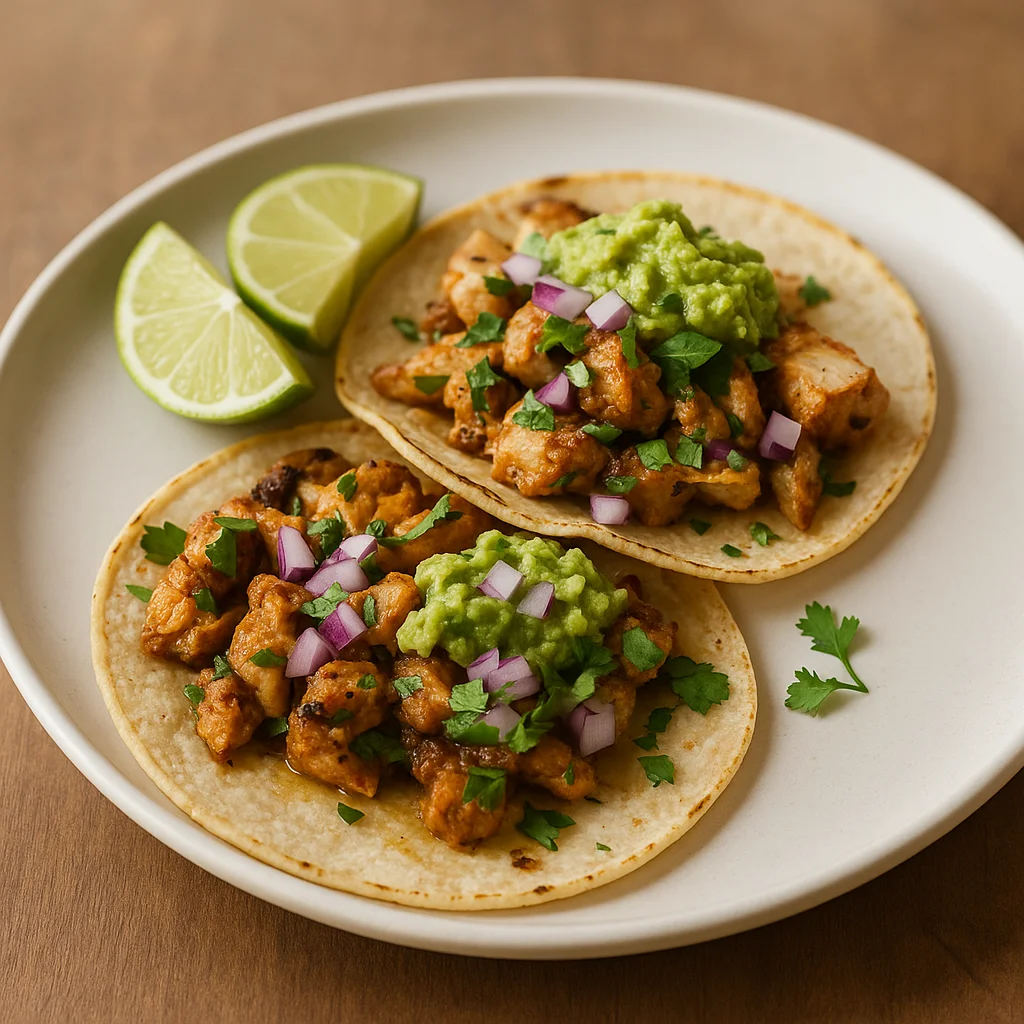 Seasoned chicken cooking in skillet for easy weeknight chicken tacos