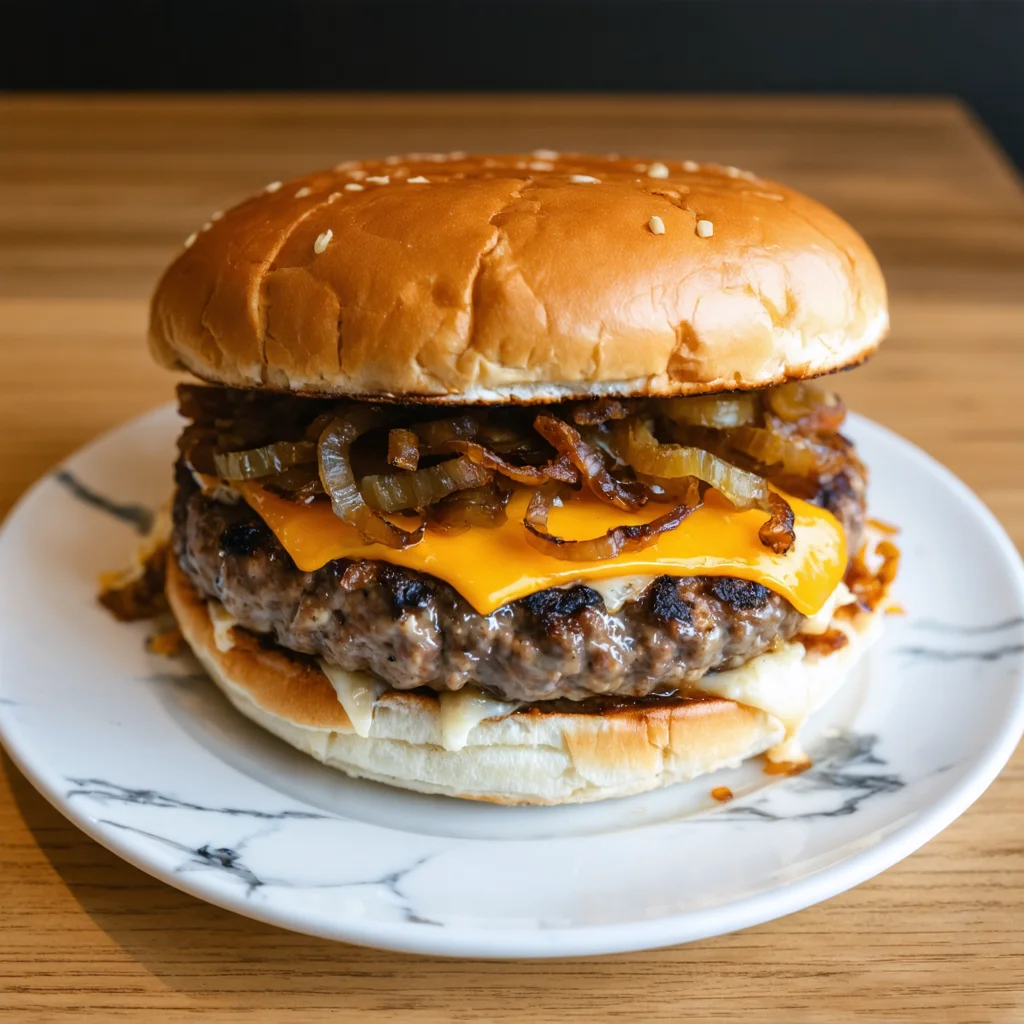 Smash Burger With Cheddar & Caramelized Onions