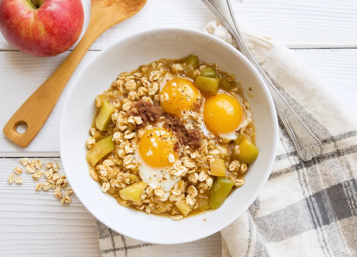 Savory oatmeal scramble with eggs & applesauce - Ingredient close-up