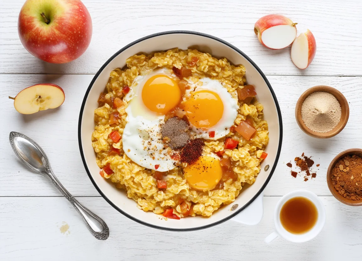 Savory oatmeal scramble with eggs & applesauce - Serving suggestion