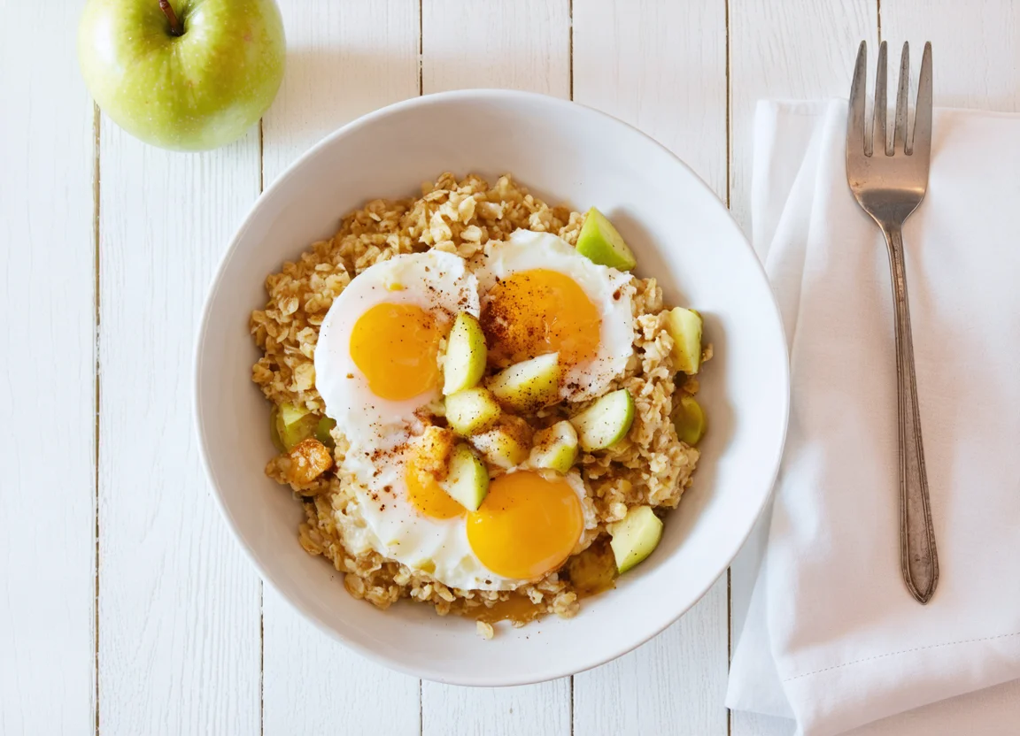 Savory oatmeal scramble with eggs & applesauce - Close-up shot