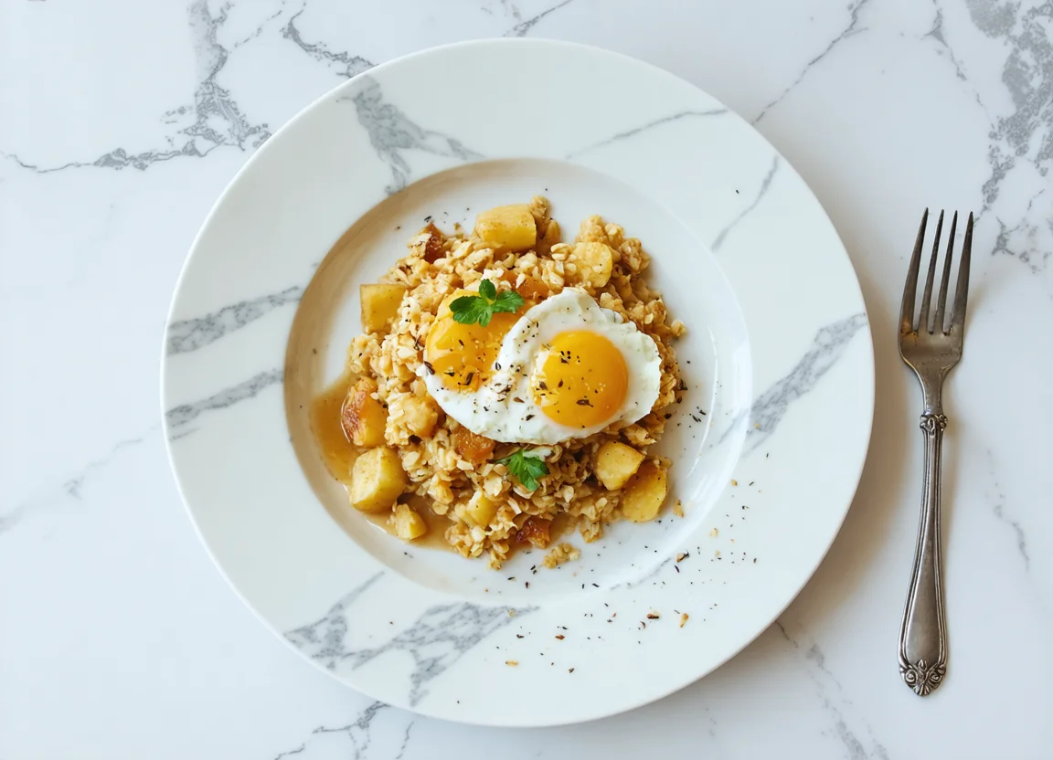 Savory oatmeal scramble with eggs & applesauce
