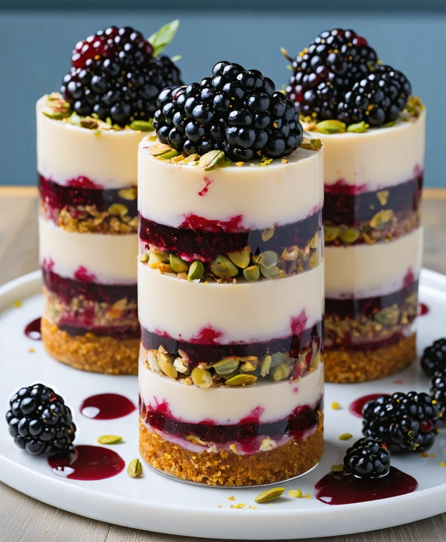 Pistachio & Blackberry Cheesecake Towers - Close-up shot