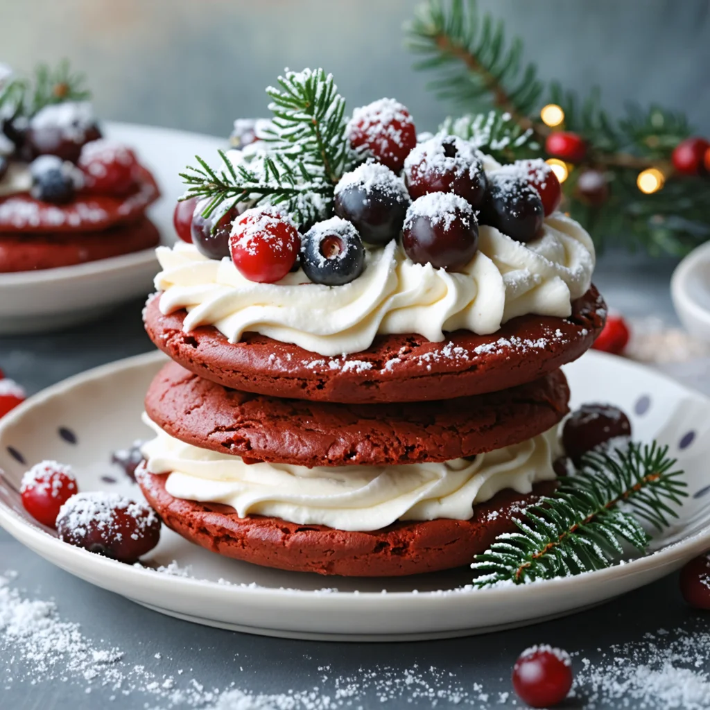 Red Velvet Wreath Whoopie Pies Winter Berries Cream - Close-up shot