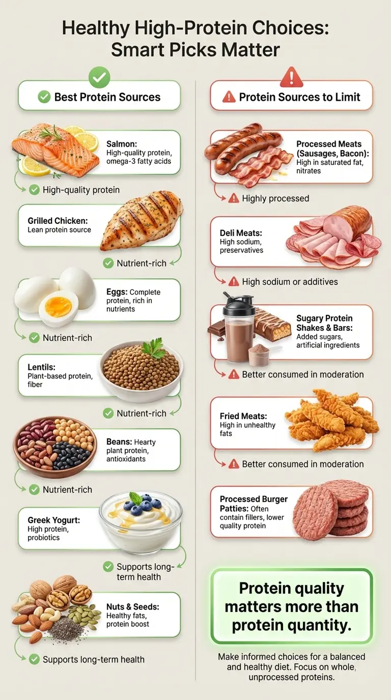Infographic comparing healthy high-protein foods like salmon, chicken, eggs, lentils, and Greek yogurt with processed protein sources such as bacon, sausages, and protein shakes.
